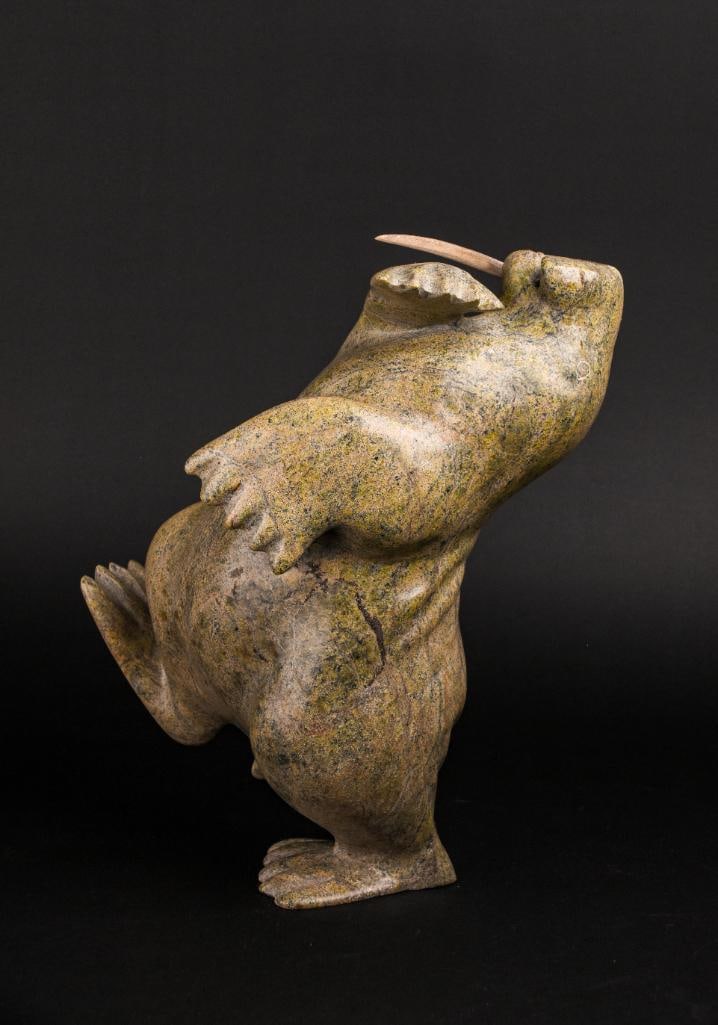 Large Inuit Dancing Walrus Soapstone Carving (Signed, Cape Dorset/Kinngait): Inuit Dancing Walrus sculpture with removable tusk. Polished soapstone. Piece is signed in English on the foot. This piece was purchased directly from the artist in Cape Dorset/Kinngait by collector J