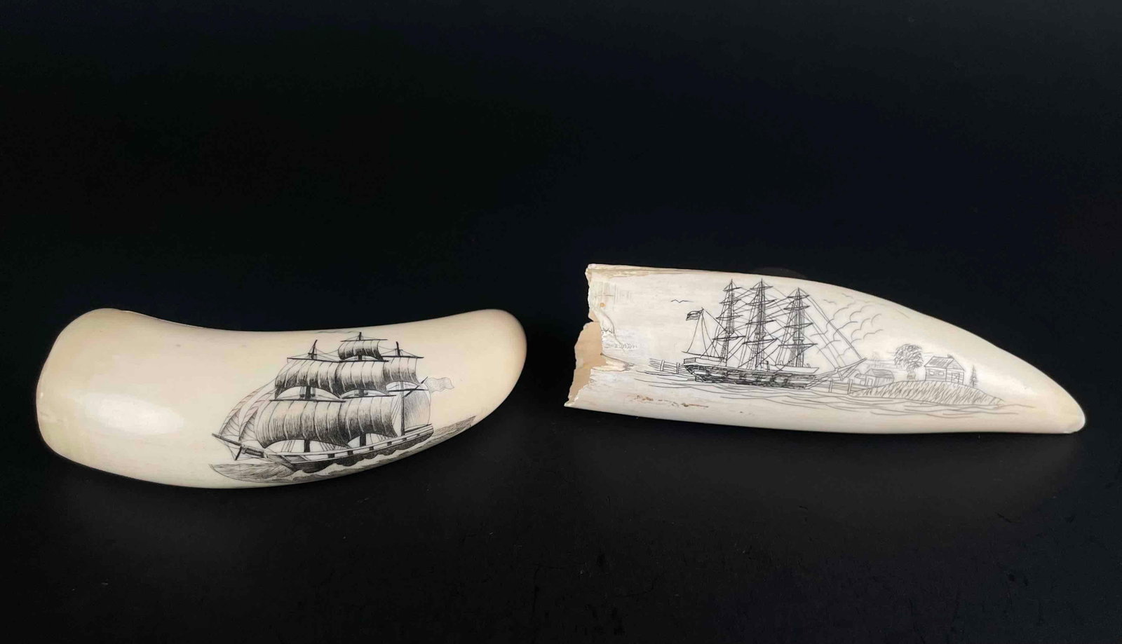 Pair of Antique Inuit Scrimshaw: Pair of scrimshaw depicting ships at sea. In excellent antique condition. Please see photos for measurements and more details. From the home of John Jacobs, a prominent collector in Michigan. Please n