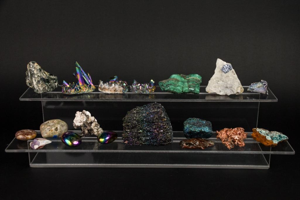Collection of Geological Specimens (Bismuth, Actinolite, Malachite, ETC.): Assorted geological specimens including Bismuth, Actinolite, Titanium Coated Quartz, Silicon Carbide, Copper, Malachite, Copper, Peacock Ore Borite, Mica on host rock, Titanium Coated Quartz. Please s