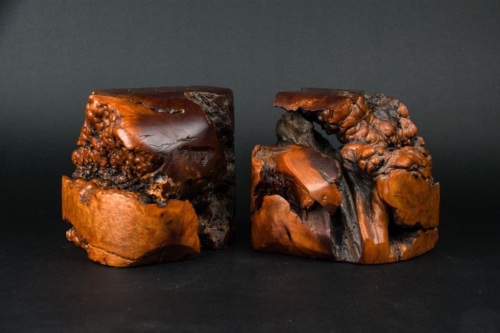 Pair of Manzanita Burlwood Bookends: Pair of burlwood bookends. Tag is labeled "Manzanita Burlwood Los Banos, CA." From the home of John Jacobs, a prominent collector in Michigan. In excellent condition. Please see photos for add