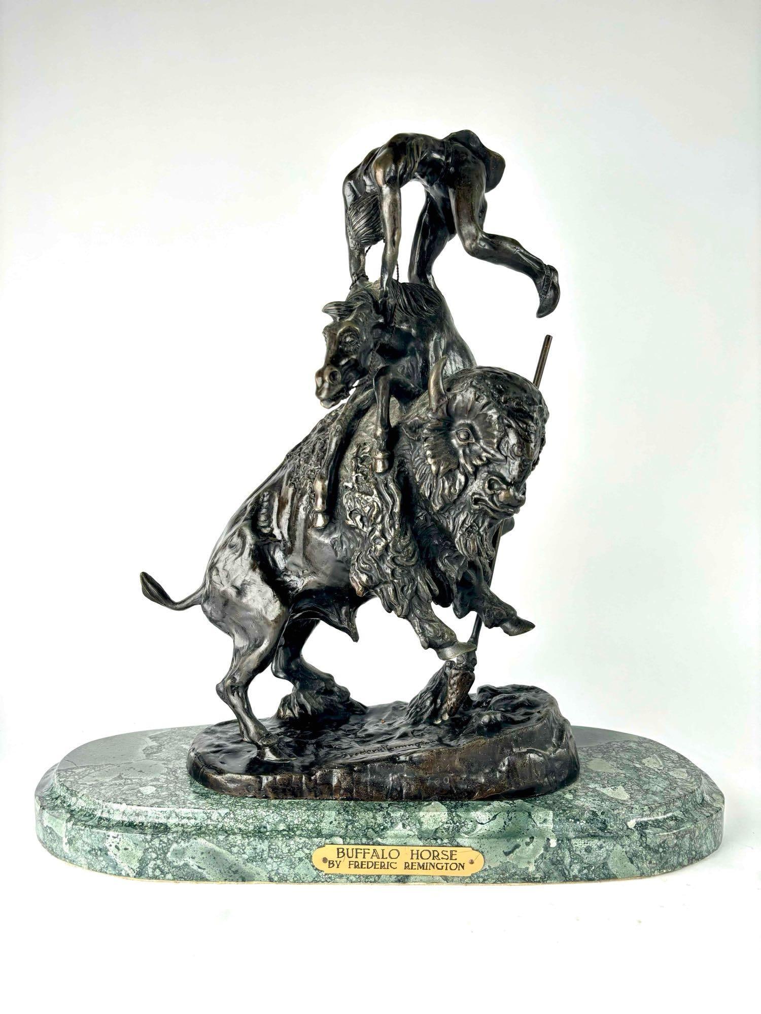 Frederic Remington "Buffalo Horse" Bronze Sculpture: Bronze sculpture on marble base by Frederic Remington entitled "Buffalo Horse." Artist and title plaque is present on center of marble base. From the home of John Jacobs, a prominent collector