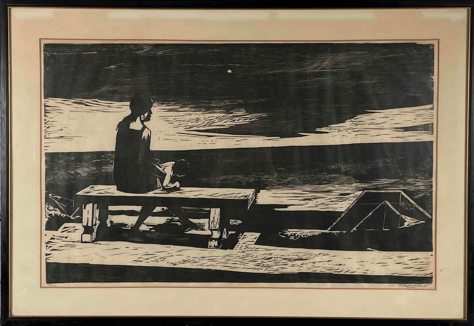 Signed Woodcut Print by Rafael Tuftiño (Puerto Rico): Original woodcut print by Puerto Rican artist, Rafael Tufiño. Artist signature is signed in lower right corner with pencil. Print has been numbered as 16/200. Matted and framed in a black frame. Wood