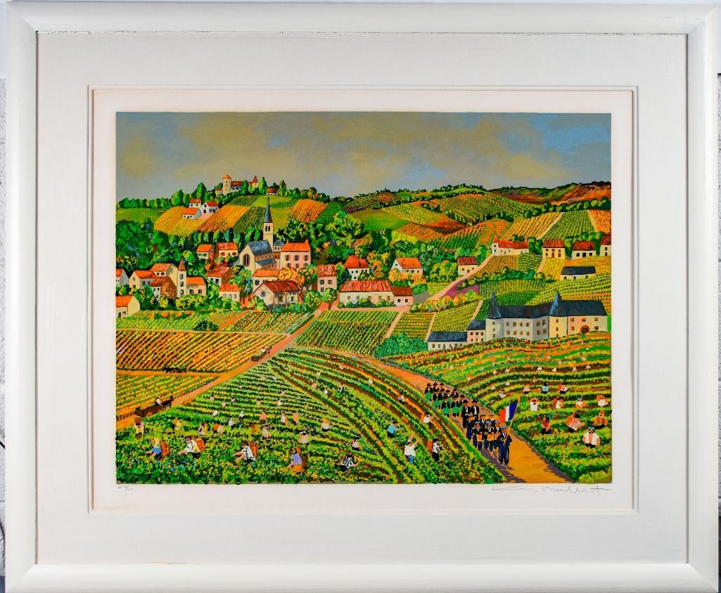"Beaujolais" Guy Buffet Serigraph (16/20): Framed "Beaujolais" Guy Buffet Serigraph (16/20) printed in 1984. Encased and matted in a white frame. Embossed Seal. Pencil signed and numbered. Piece includes an original COA from Accent Des