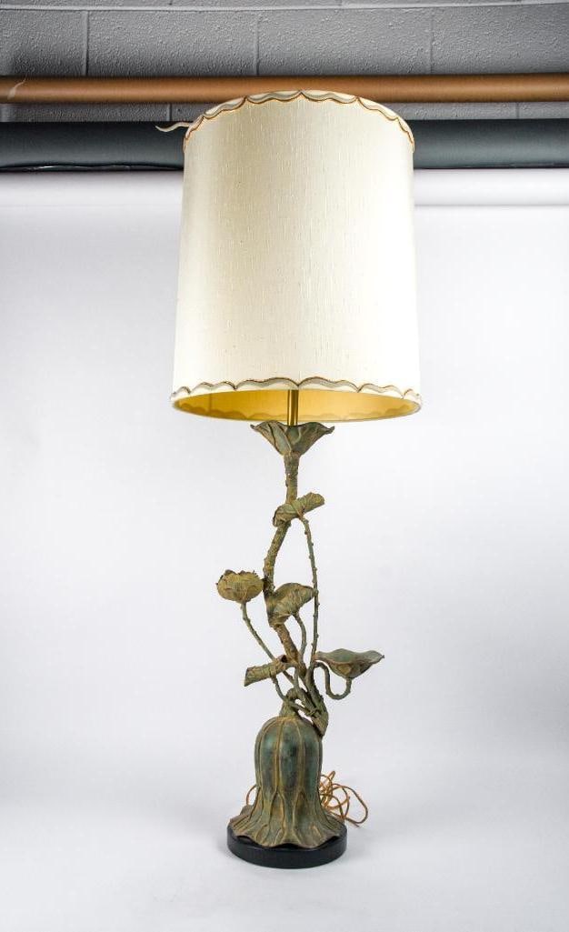 Marboro Hollywood Regency Brass Botanical Lamp: Marobro Lamp Co. brass lotus table lamp base. Mid-20th century with Marbro labels. Two light lamp with verdigris patinated brass base in the form of lotus flowers, electrified, 2 pieces. Good conditio