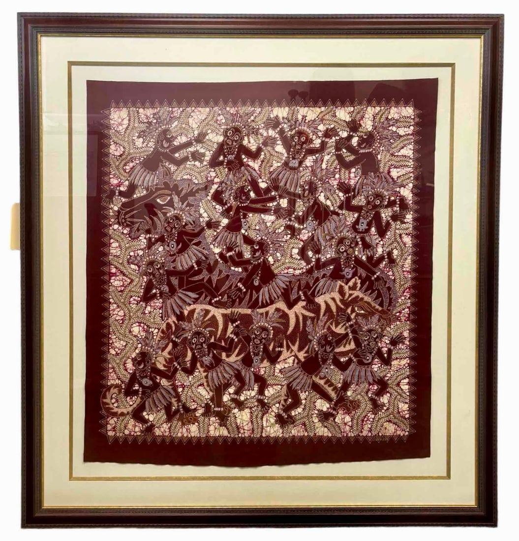 Framed Batik Scarf (Surabaya, Java): Framed Indonesian batik. Excellent condition. Please see photos for additional details. Dimensions Frame: 48" x 1" x 52" Dimensions Work: 35" x 39" Please note all lots show signs 