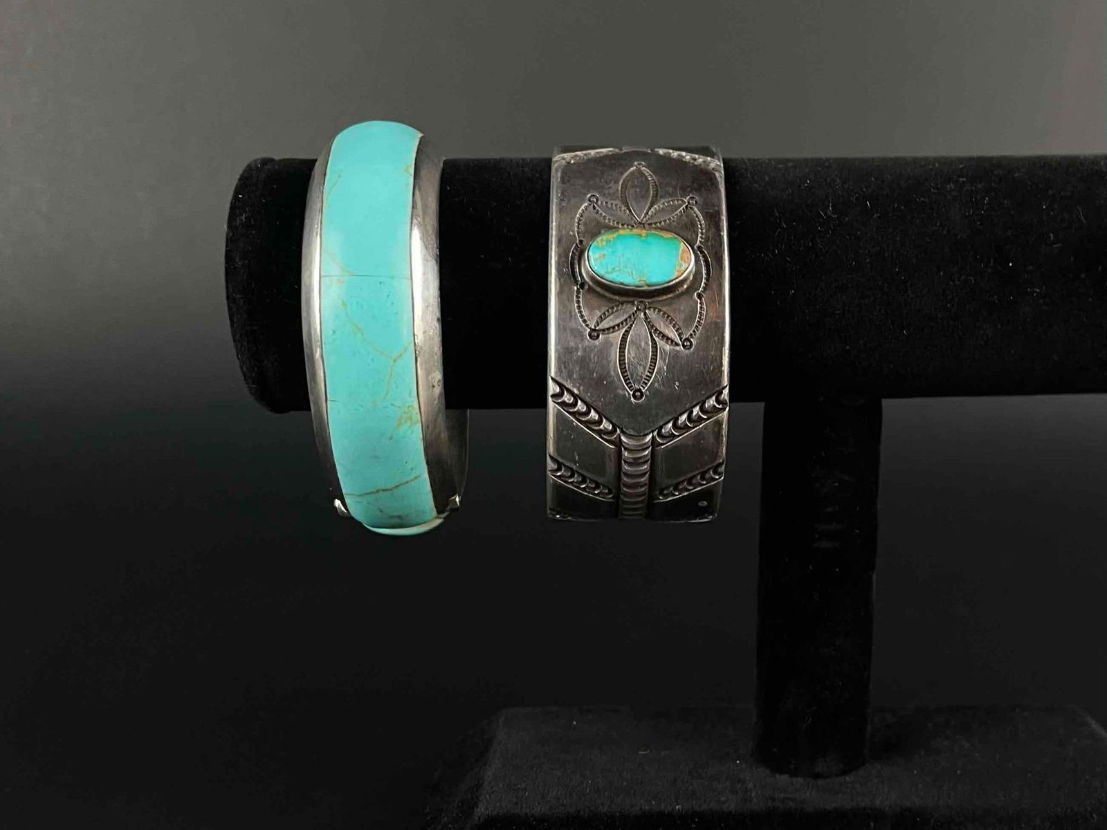 Mexican Turquoise and Sterling Silver Bracelets: Two sterling silver and turquoise bracelets. Made in Mexico. Mexico hallmark is located on inner band of bangle. Bangle opens for fitting use. In good condition. Please see photos for additional detai