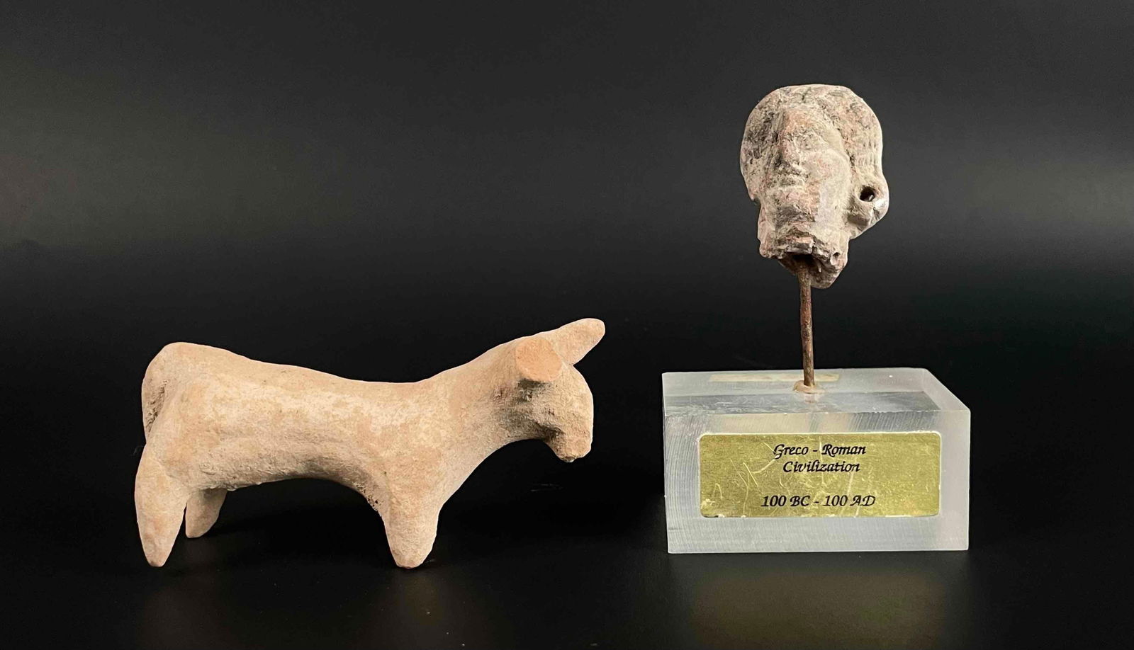 Ancient Greek Ram and Greco-Roman Stone Head on Lucite Base (1 of 12)