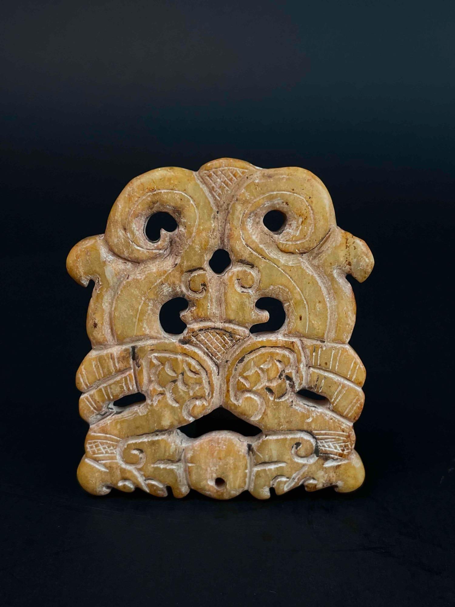 Chinese Carved Natural Jade Pendant: Chinese carved natural jade pendant with engraved detailing. From the home of Jon Jacobs, a prominent collector in Michigan. Please see photos for additional details. Dimensions: 3" x 2.5" x 0.25" Wei
