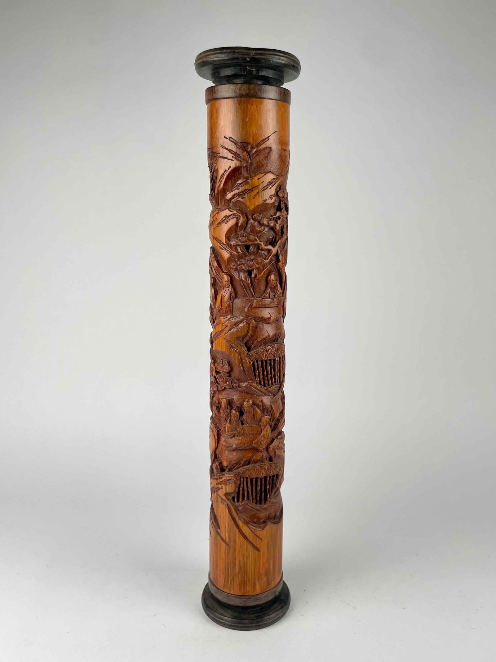 Chinese Carved Bamboo Incense Tube: Hand carved Chinese bamboo incense tube. Tube is of cylindrical form with a continuous scene finely carved. Each end has a removable top with a space for inserting incense sticks into. Incense will fl