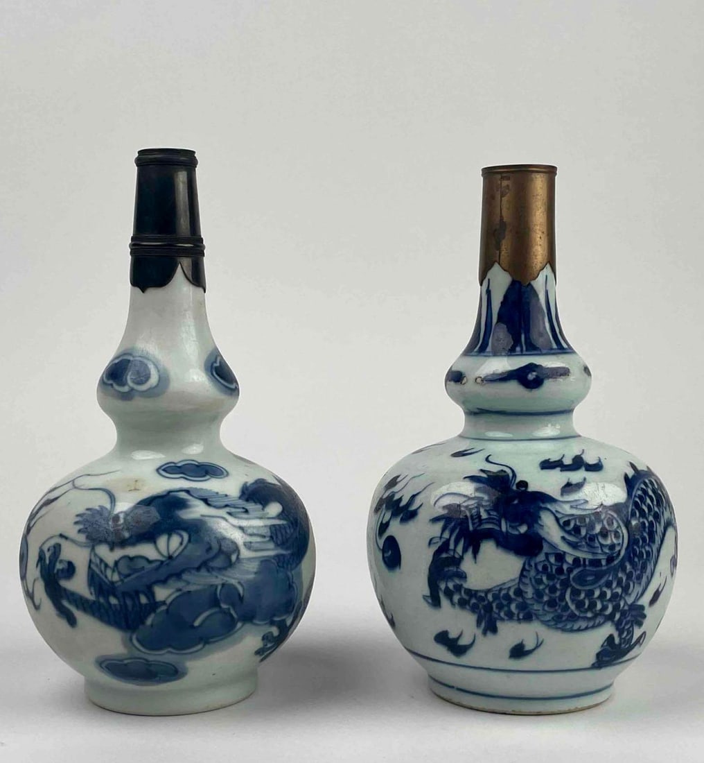 Pair of Antique Chinese Blue and White Porcelain Double Gourd Vases (1 of 11)