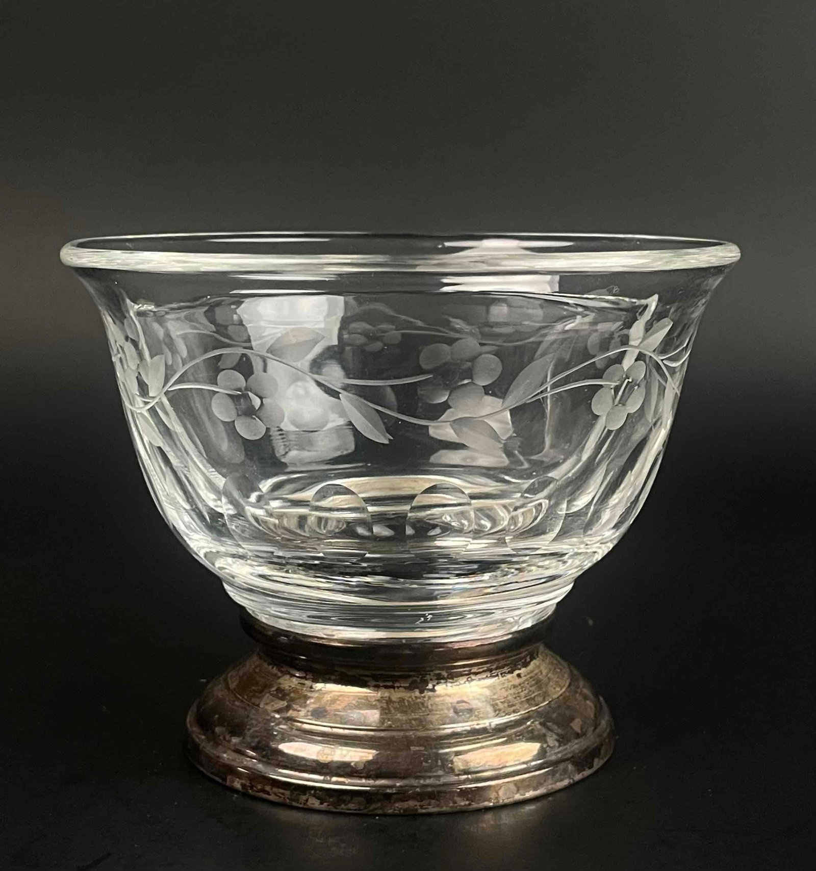 Etched Glass and Sterling Silver Divided Bowl: Divided glass bowl on a sterling silver base. Floral motif etched into glass. Sterling silver hallmark is located under base. From the home of Jon Jacobs, a prominent collector in Michigan. Bowl is in