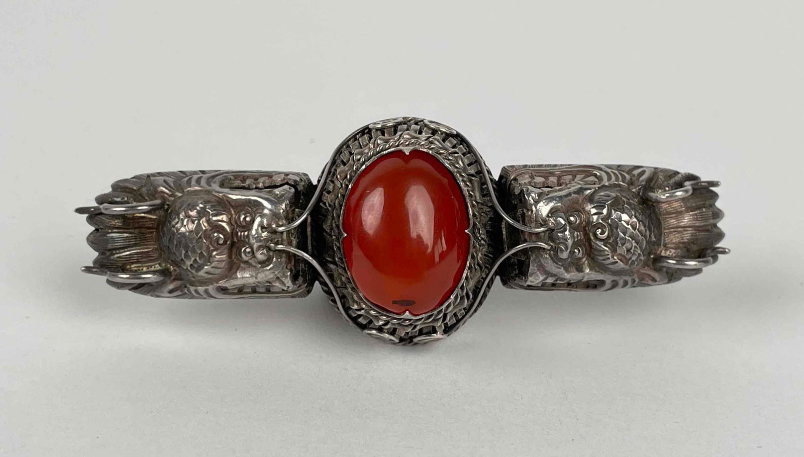 Chinese Sterling Silver and Carnelian Double Dragon Brooch (1 of 8)