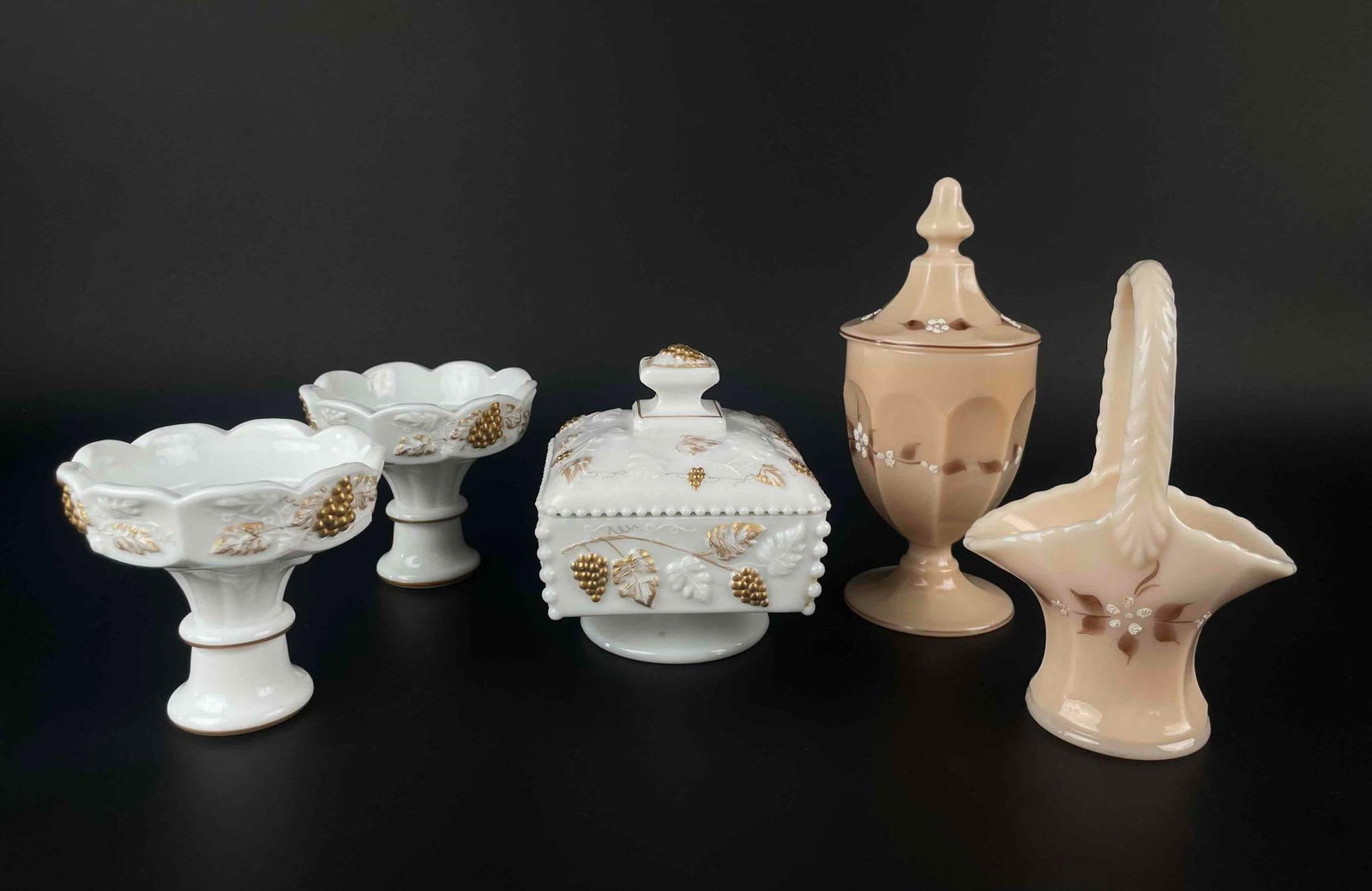 Assorted Westmoreland Glass: Assorted Westmoreland Glass. Each in excellent condition. Please see photos for additional details. Dimensions Glass with Lid: 8" x 3.5" x 3.5" Dimensions Basket: 7" x 4.5" x 3" White Dish: 4.5" x 4.5