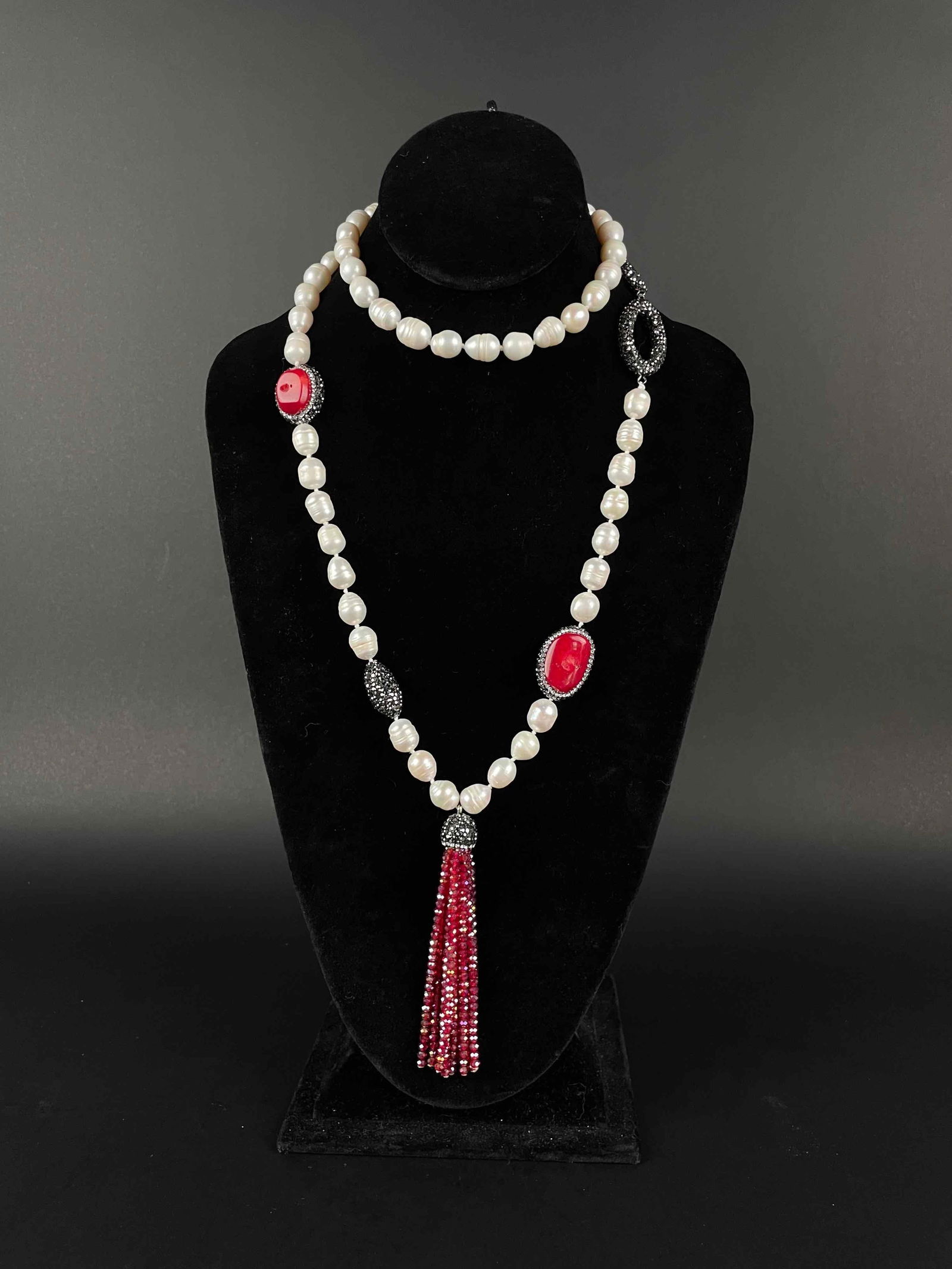 Fresh Water Pearl and Coral Beaded Tassel Necklace (1 of 9)