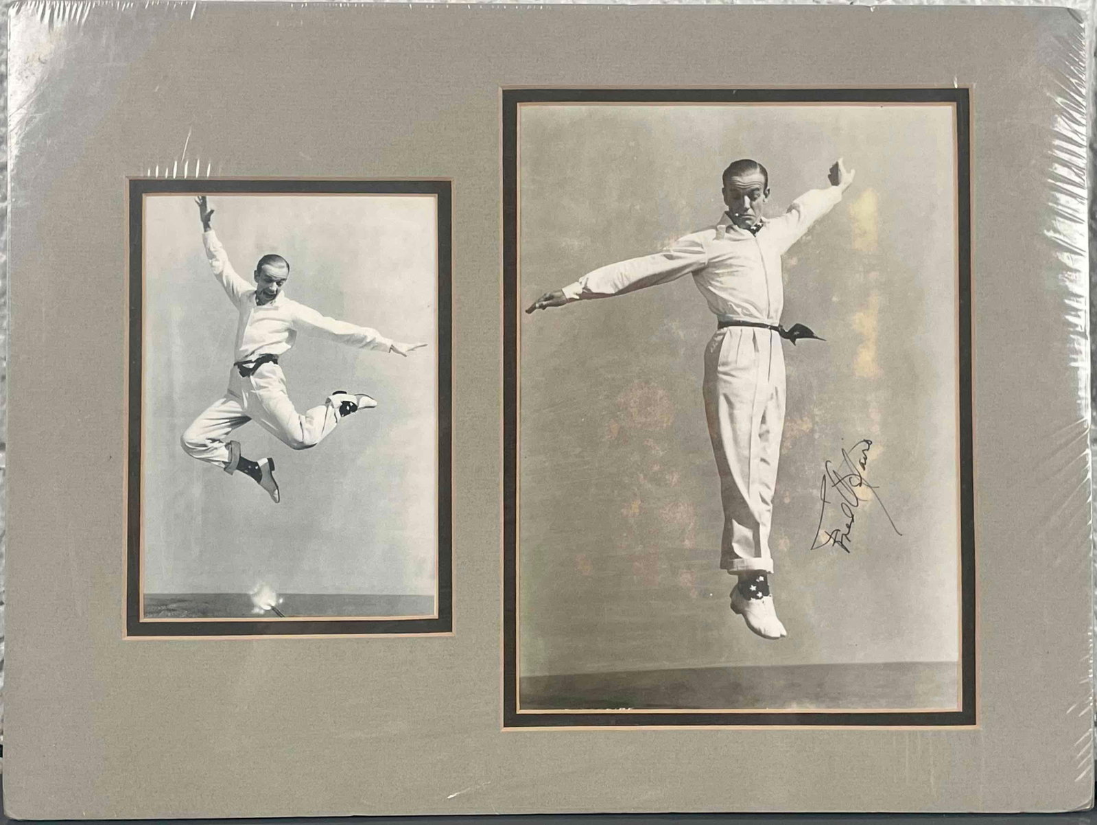 Signed Photographs of Fred Astaire with COA: Two photographs of Fred Astaire. Astaire's signature is present in lower right region of photograph on the right side. Photographs are matted and protected by plastic. COA was granted by the Autograph