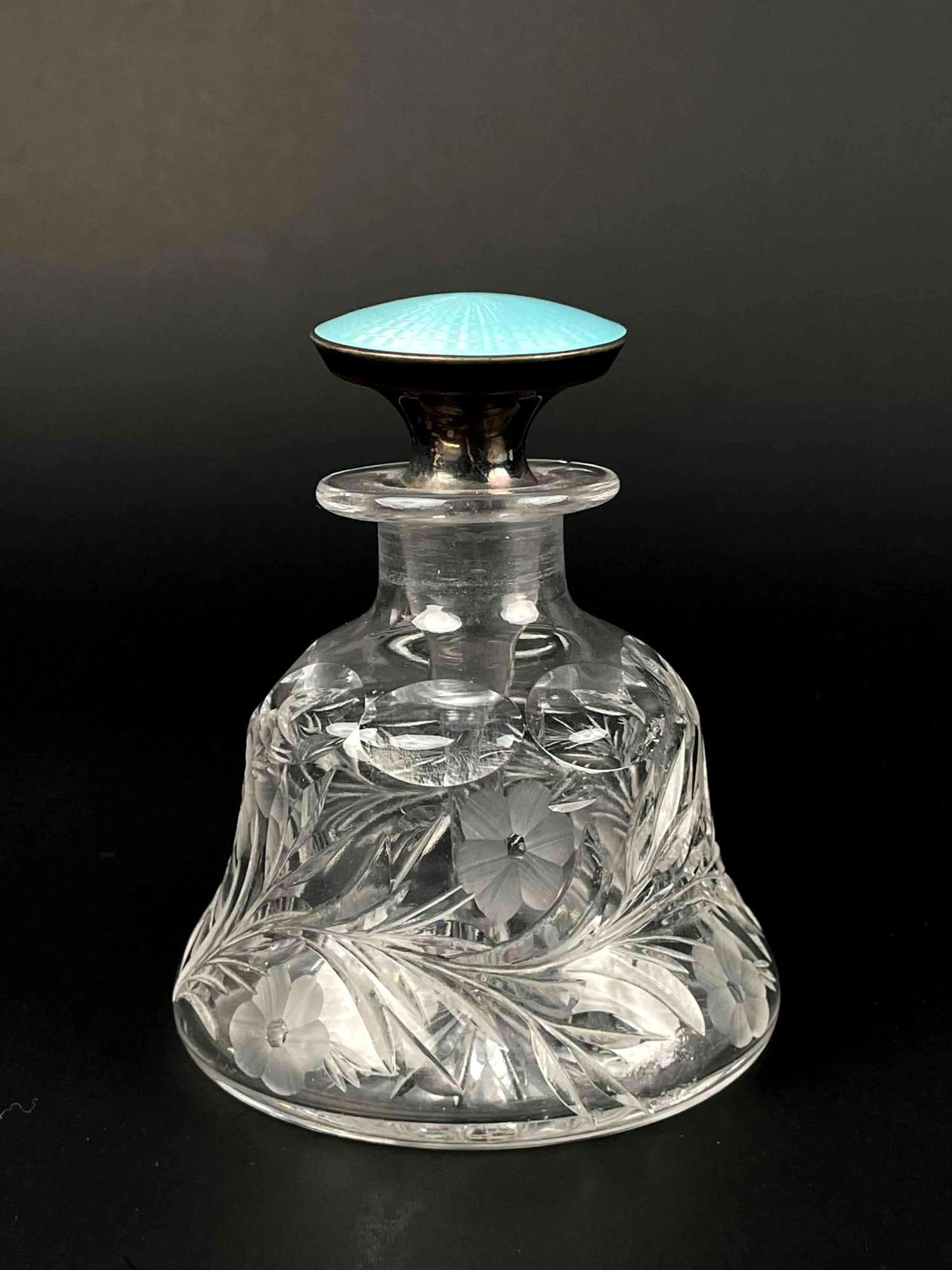 Edwardian Sterling and Blue Guilloche Floral Cut Glass Perfume Bottle (1 of 10)