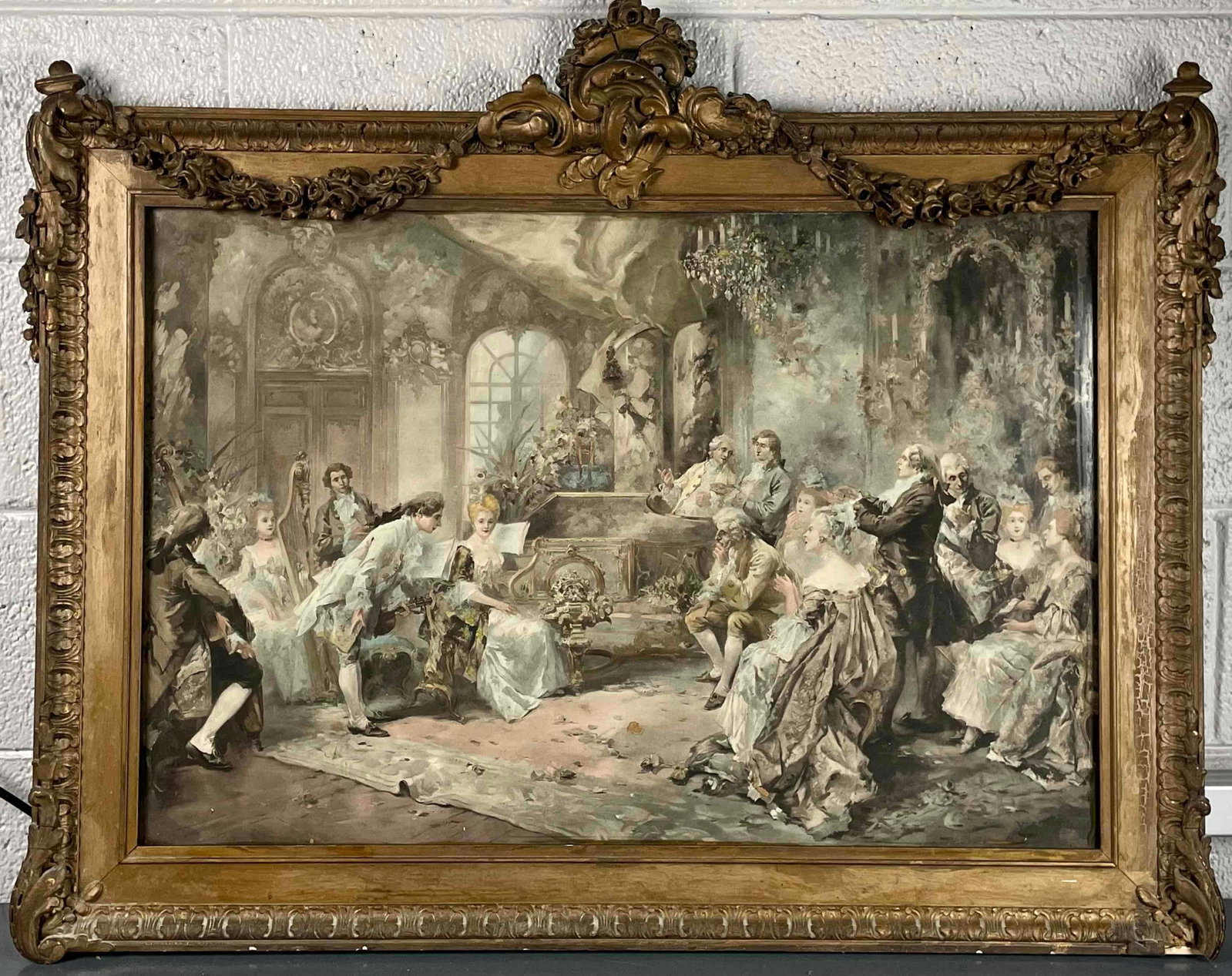 Vincent de Paredes "Mozart at the Court of Marie Antoinette" Lithograph: Lithograph after Spanish painter, Vincent de Paredes (1845-1905) entitled "Mozart at the Court of Marie Antoinette. Encased in a gold toned frame. Artist signature is located in lower right corner. Fr