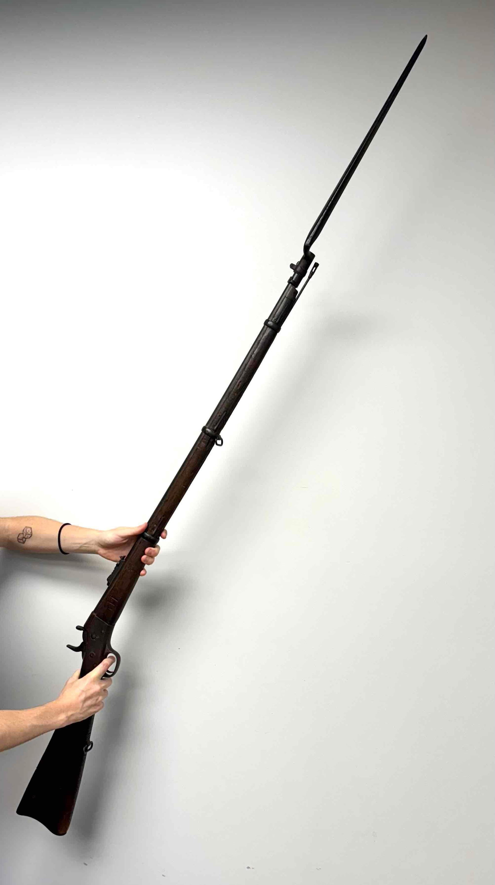 Civil War Era Musket with Bayonet: Civil War era musket and bayonet. Tally marks are carved into the wood. Please see photos for additional details. This gun can only be sold in the state of Michigan. Buyer must be 18 years or older. L