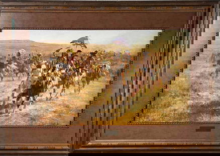 "Comanche Spoilers" Signed Lithograph (Howards Terpning, 1986): Signed lithograph entitled "Comanche Soldiers" by Howard Terpning. Signed and numbered to lower left (576/1000). Print registration is attached to the back of the frame. Excellent condition. Please se