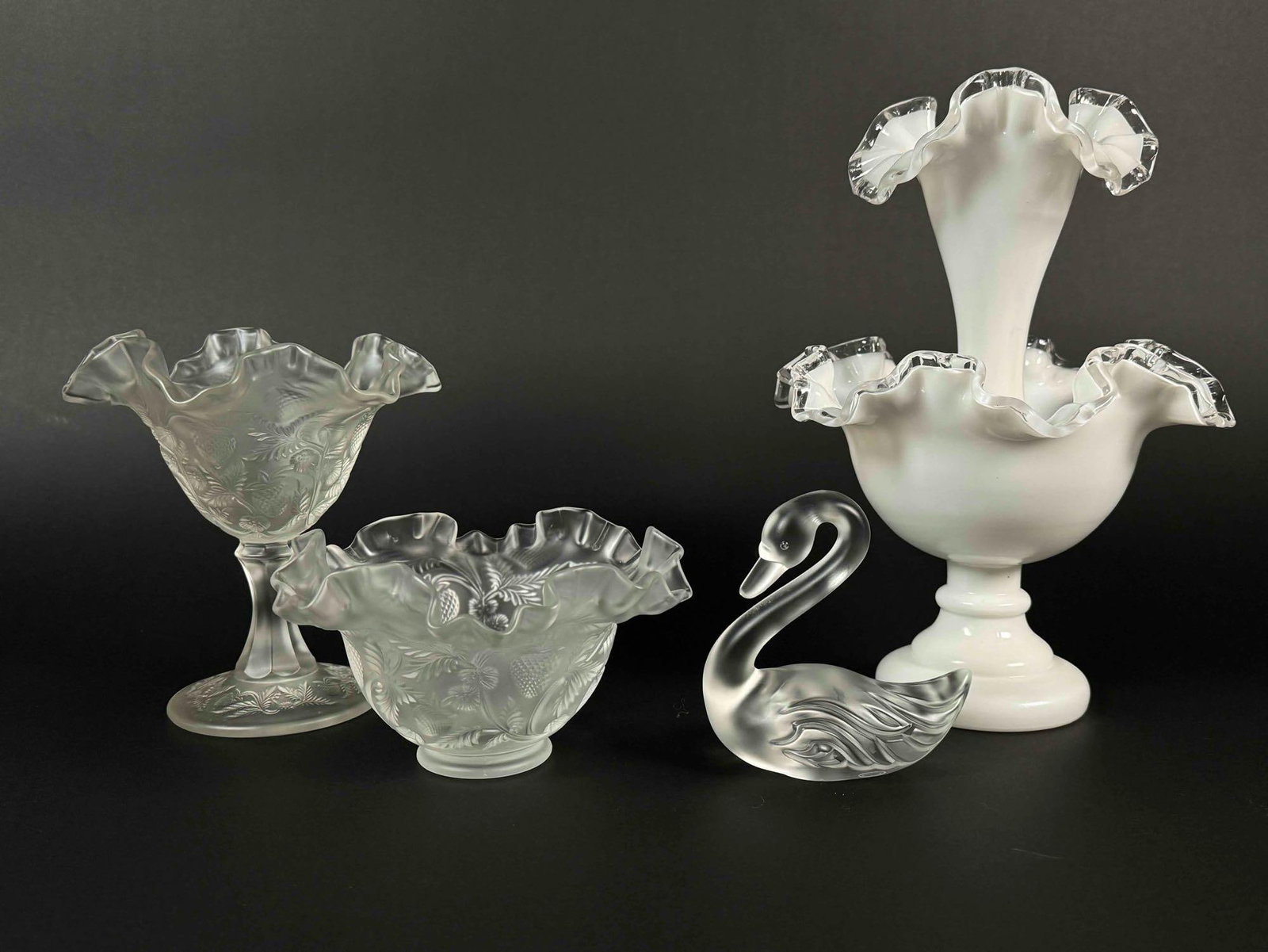 4 Fenton Glass Milk/Frosted Satin Glass Pieces: 4 Fenton Glass pieces made of either milk or frosted satin glass. Markings are visible on bottom of pieces. All are in excellent condition. Please see photos for additional details. Lot includes: Stra