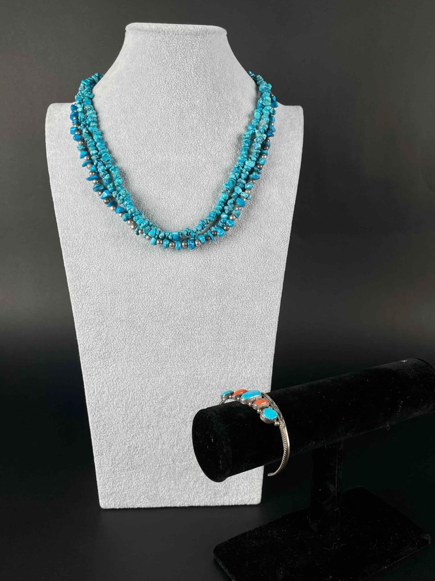 Navajo Turquoise and Coral Necklaces and Bracelet Set in Sterling Silver (1 of 10)