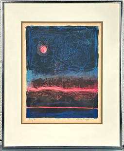 "Untitled" Nissan Engel Lithograph: Untitled Nissan Engel lithograph depicting a setting sun. Pencil signed to lower right and numbered to lower left. Framed in a silver tone frame. Gallery sticker is affixed to verso. Please see photos