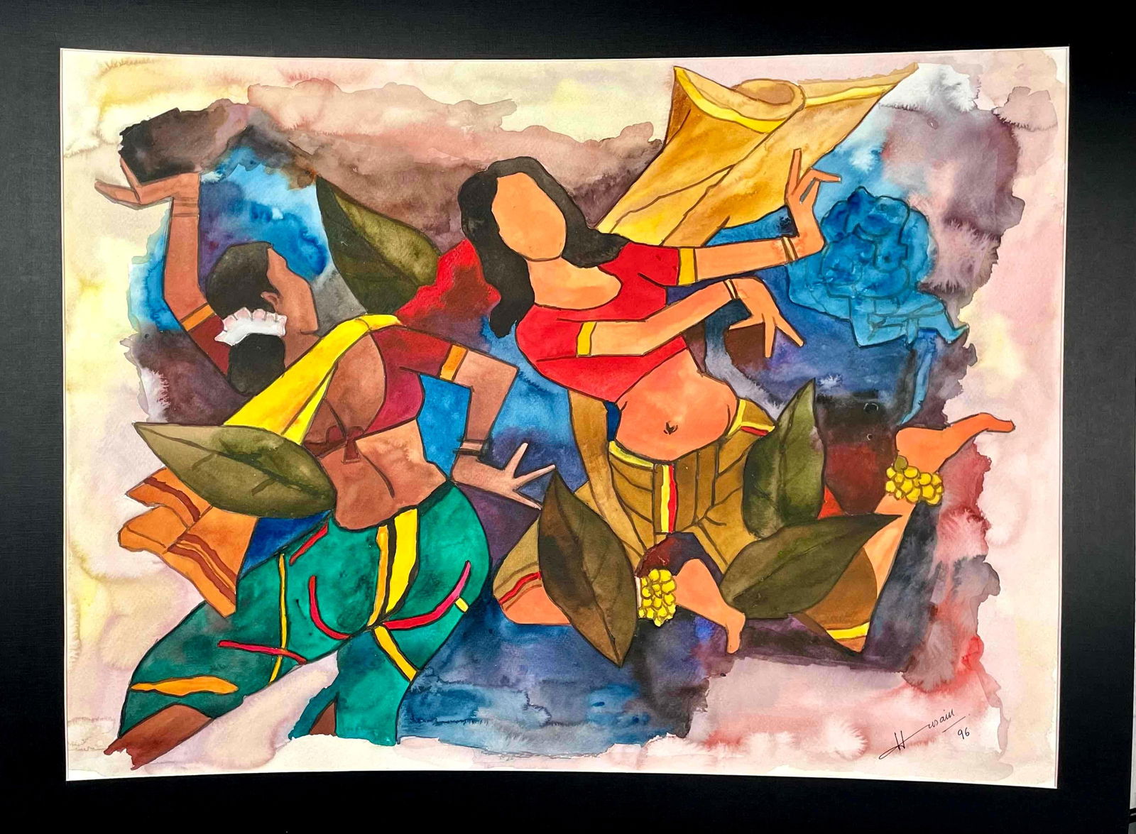 Signed Maqbool Fida Husain "Untitled - Ganesha with Dancing Ladies" Watercolor on Paper, 1996 (COA) (1 of 8)