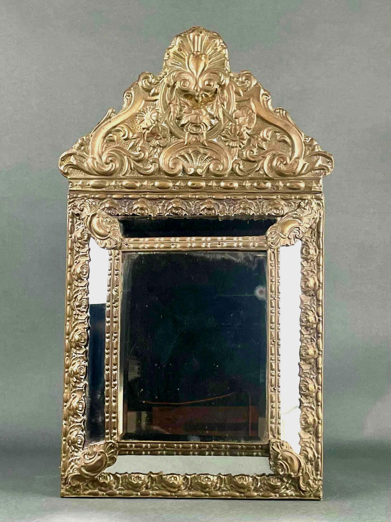 Antique French Brass Repousse Cushion Mirror (19th Century) (1 of 7)