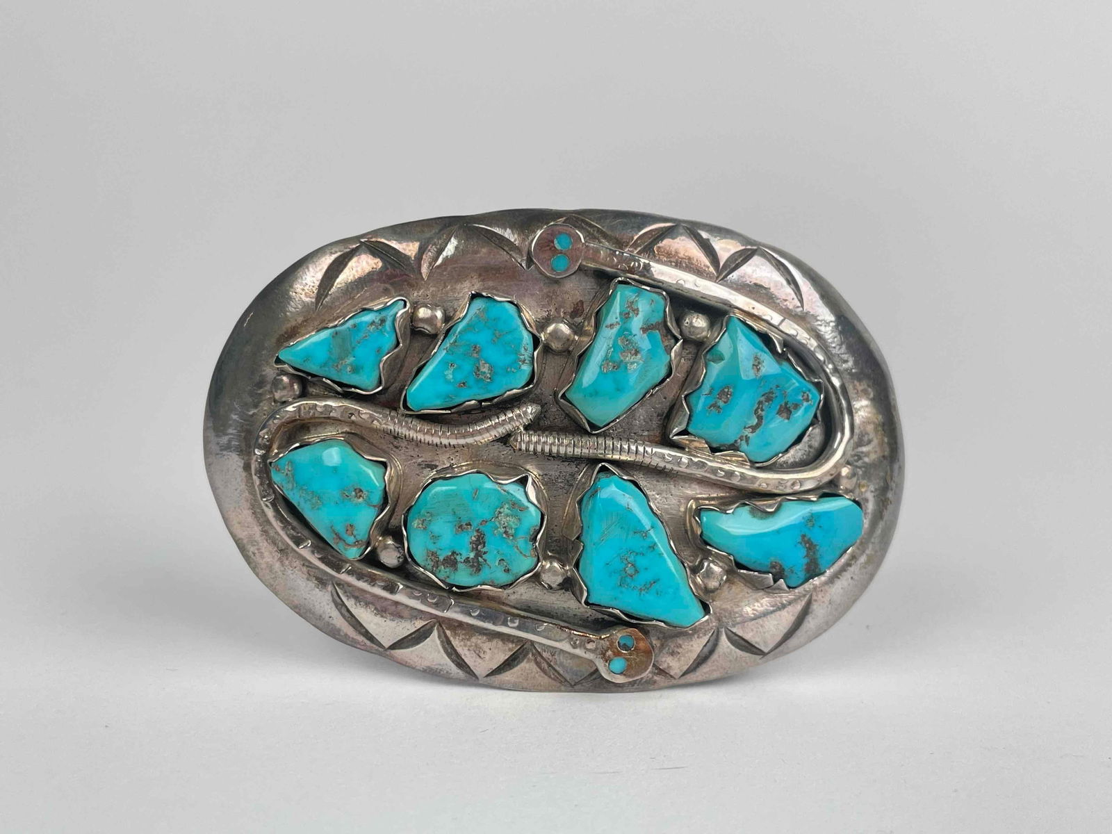 Signed Zuni Sterling Silver and Turquoise Belt Buckle (Effie G) (1 of 7)