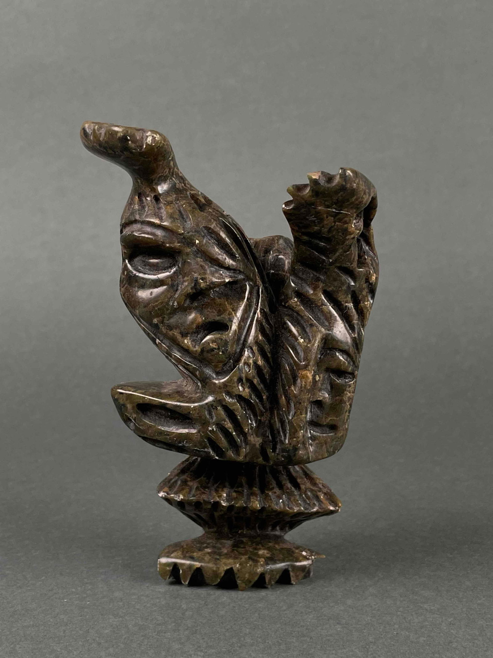 Inuit Spirit Carving (Tytoosie Tunille, Kinngait): Inuit soapostone spirit carving by Tytoosie Tunille. Carving in signed on the foot. Spirit carving is in excellent condition with little to no imperfections. This piece was purchased by collector Jon