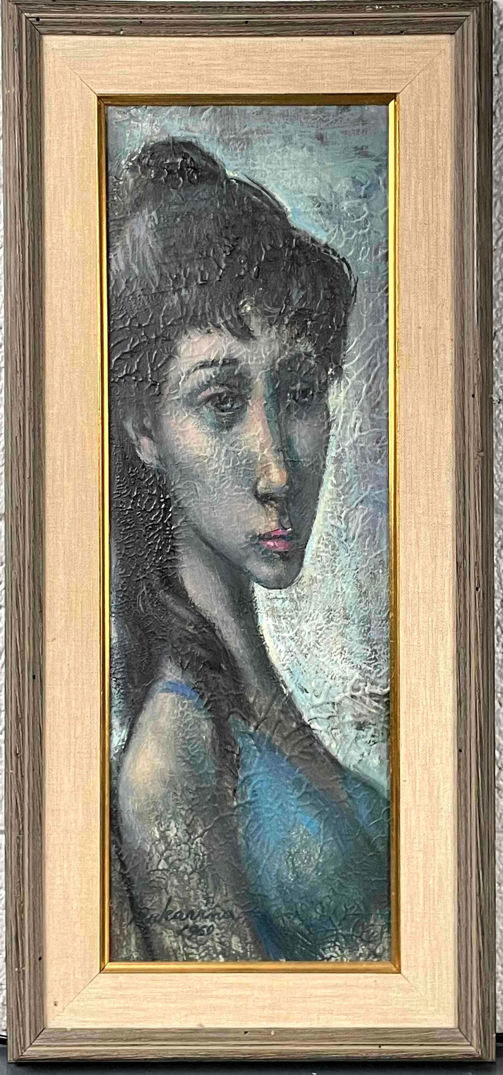 Signed Acrylic Portrait Painting on Masonite (1960): Acrylic portrait painting of a women painted on masonite. Painting has texture to surface and displays cool tones such as blues, grays, purples, and black. Artist signature is present in lower right c
