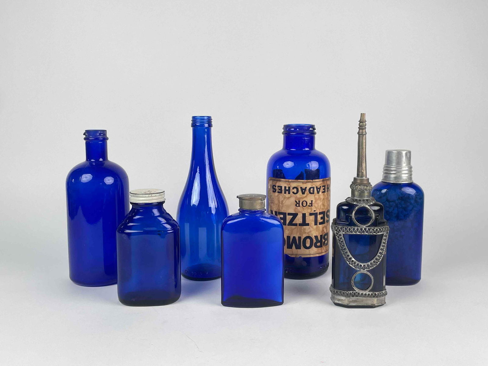 Group of Antique Cobalt Glass Bottles (7) (1 of 12)
