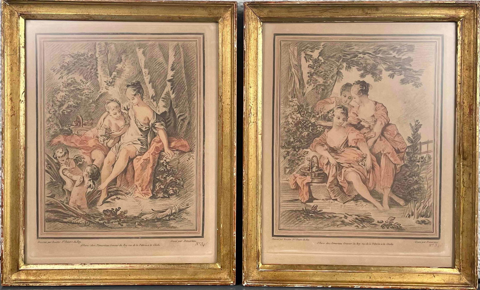 Pair of Gilles Demarteau Mezzotint Steel Engravings: Pair of mezzotint steel engravings by Belgian artist, Gilles Demarteau (1722-1776). One mezzotint steel engraving entitled "A Paris cher Demarteau Graveur du Roy rue de la Pelterie a la Cloche." Etchi