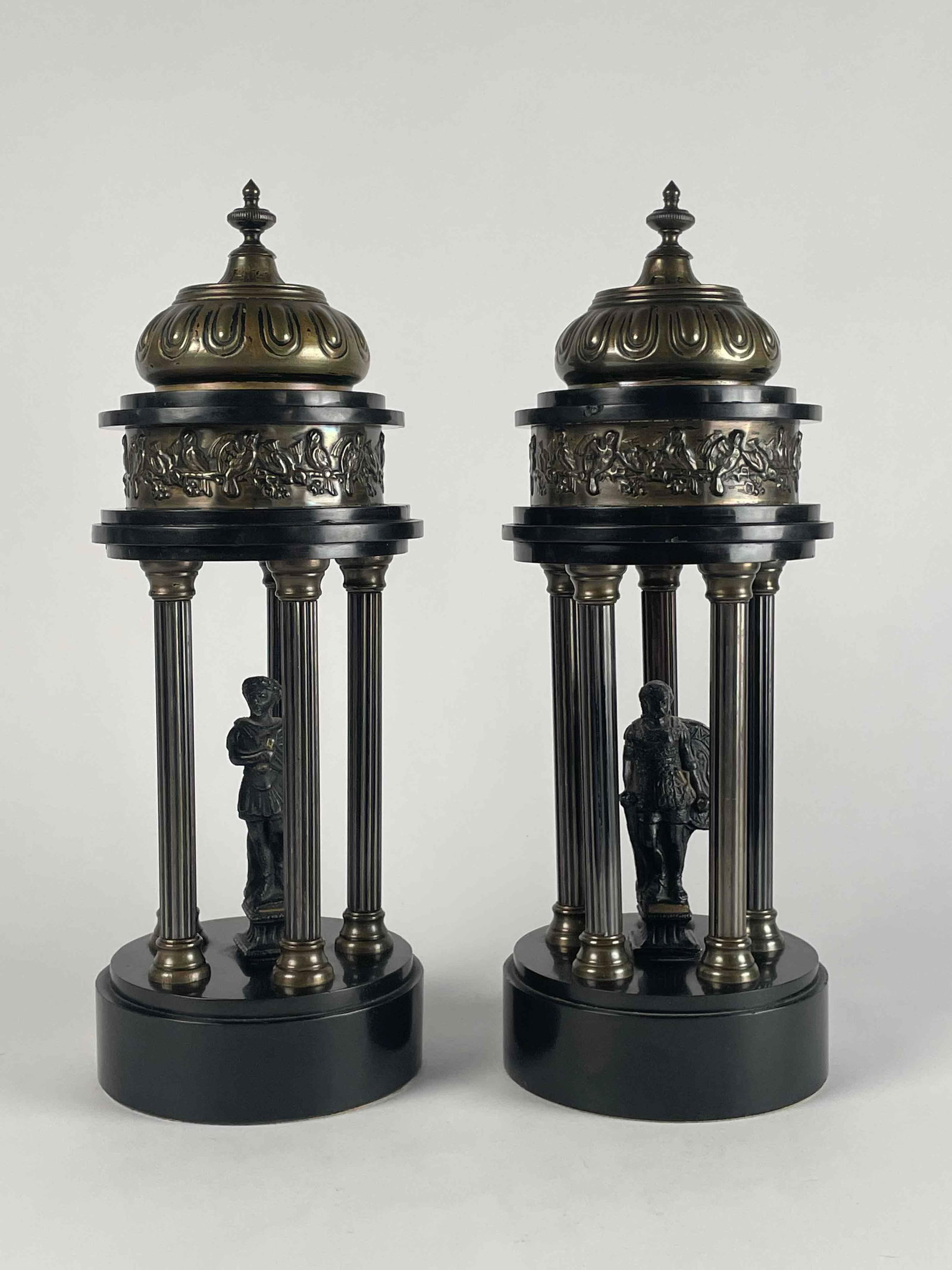 Pair of Grand Tour Slate Garniture Models: Pair of Grand Tour Slate Garniture Models. In good condition with rubbing off of paint in some areas, and light surface scratching. Please see photos for additional details. Dimensions: 5" x 5" x 14" 