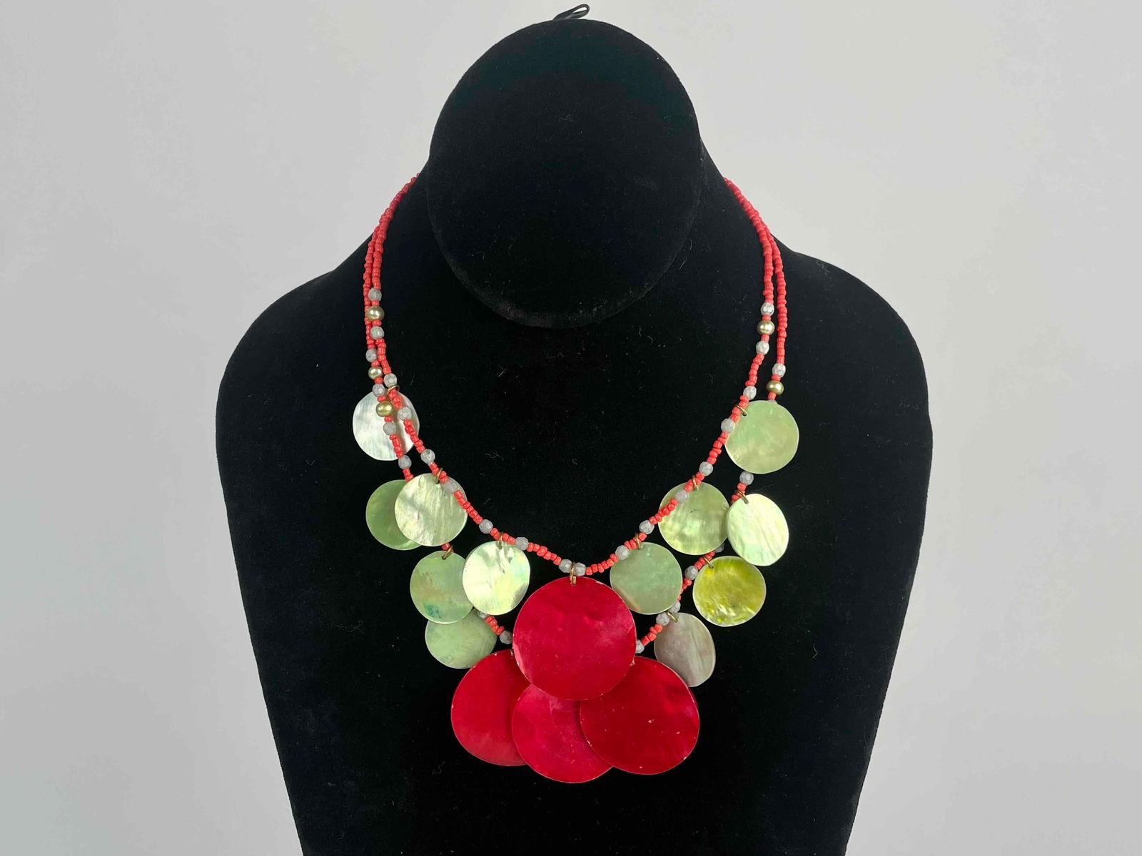 Two Tiered Red and Green Shell Coin Necklace (1 of 5)