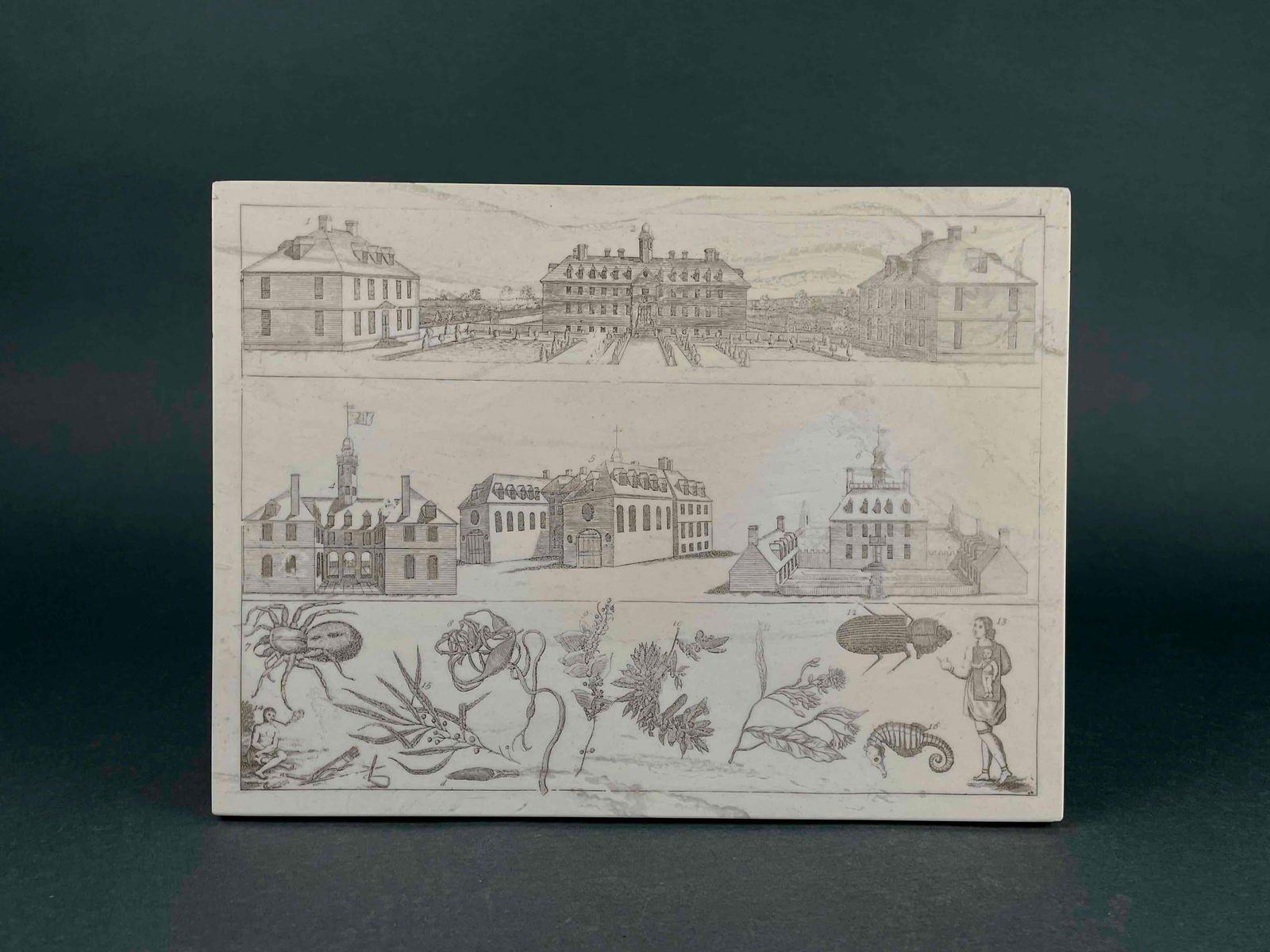 Carved Illustration of Williamsburg Buildings and Flora: Carved illustration of Williamsburg buildings and flora on polished stone. Identification number present on back. In excellent condition. Please see photos for additional details. Dimensions: 14" x 0.