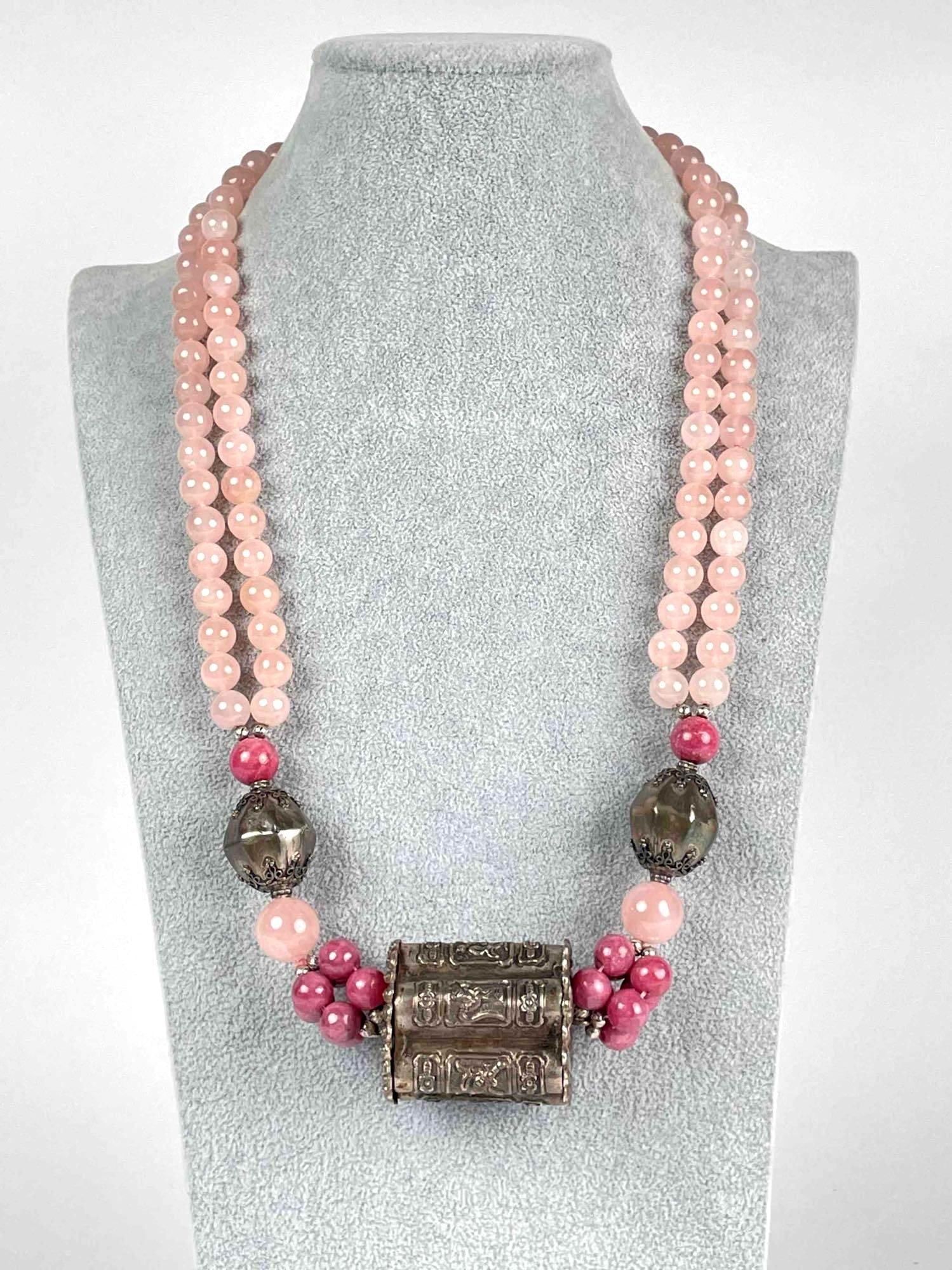Sterling Silver and Rose Quartz Tibetan Prayer Box Necklace (1 of 12)