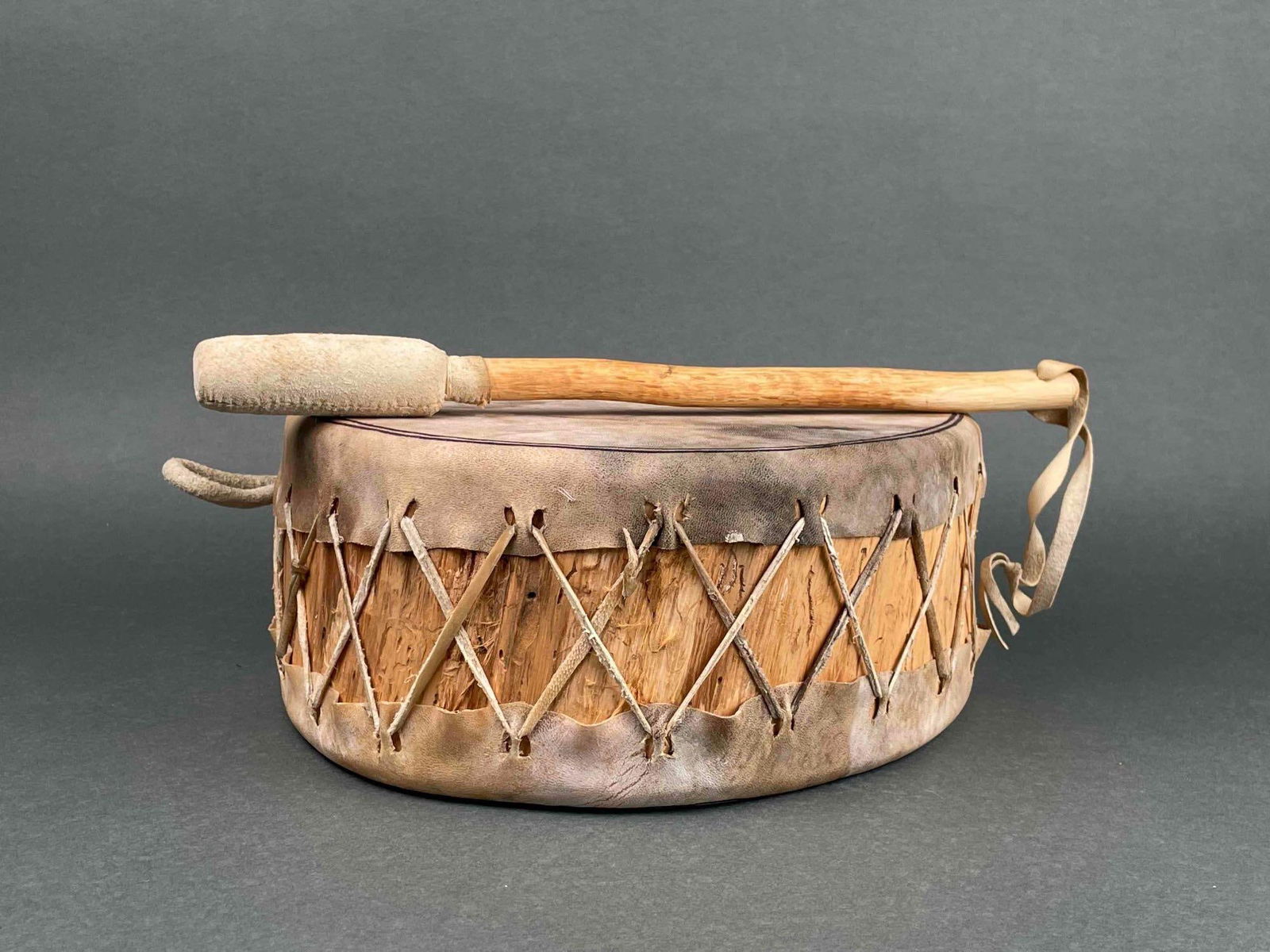 Signed Native American Ceremonial Drum and Drum Beater (1 of 12)