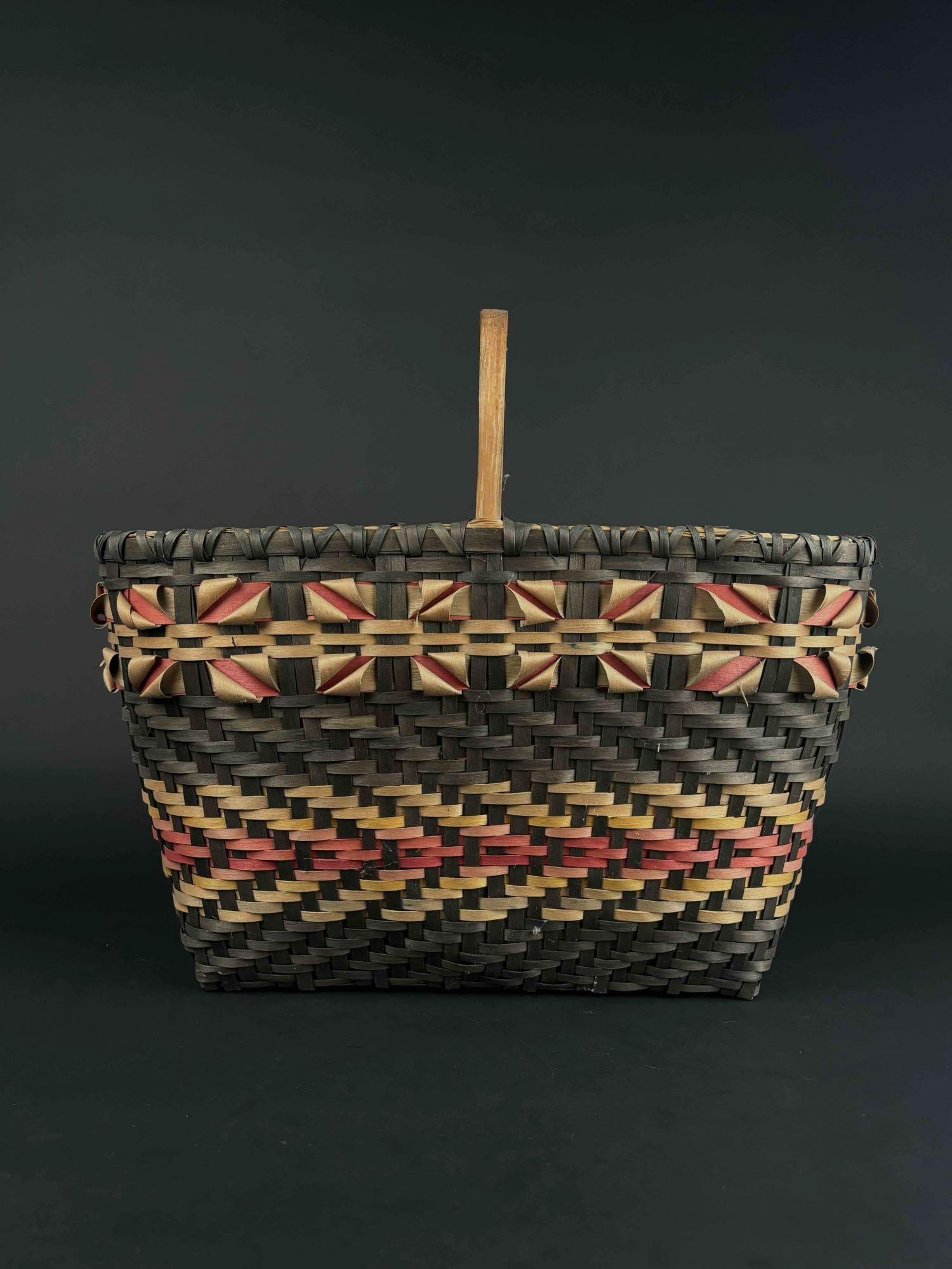 Wabanaki Native American Baket: Splint weave Native American basket with green red and natural dyed splints. Basket is in good condition. From a Native American collection in Michigan. Dimensions: 10" x 16" x 8" Please see photos fo