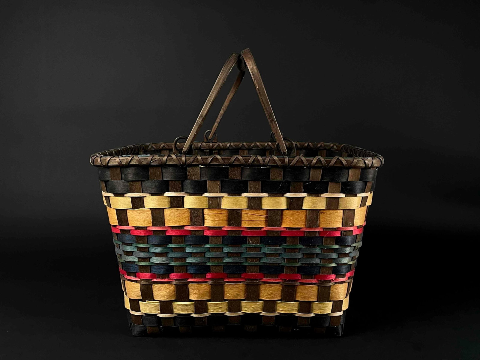 Wabanaki Native American Basket: Splint weave Native American basket with green red and natural dyed splints. Basket is in good condition. From a Native American collection in Michigan. Please see photos for additional details. Dimen