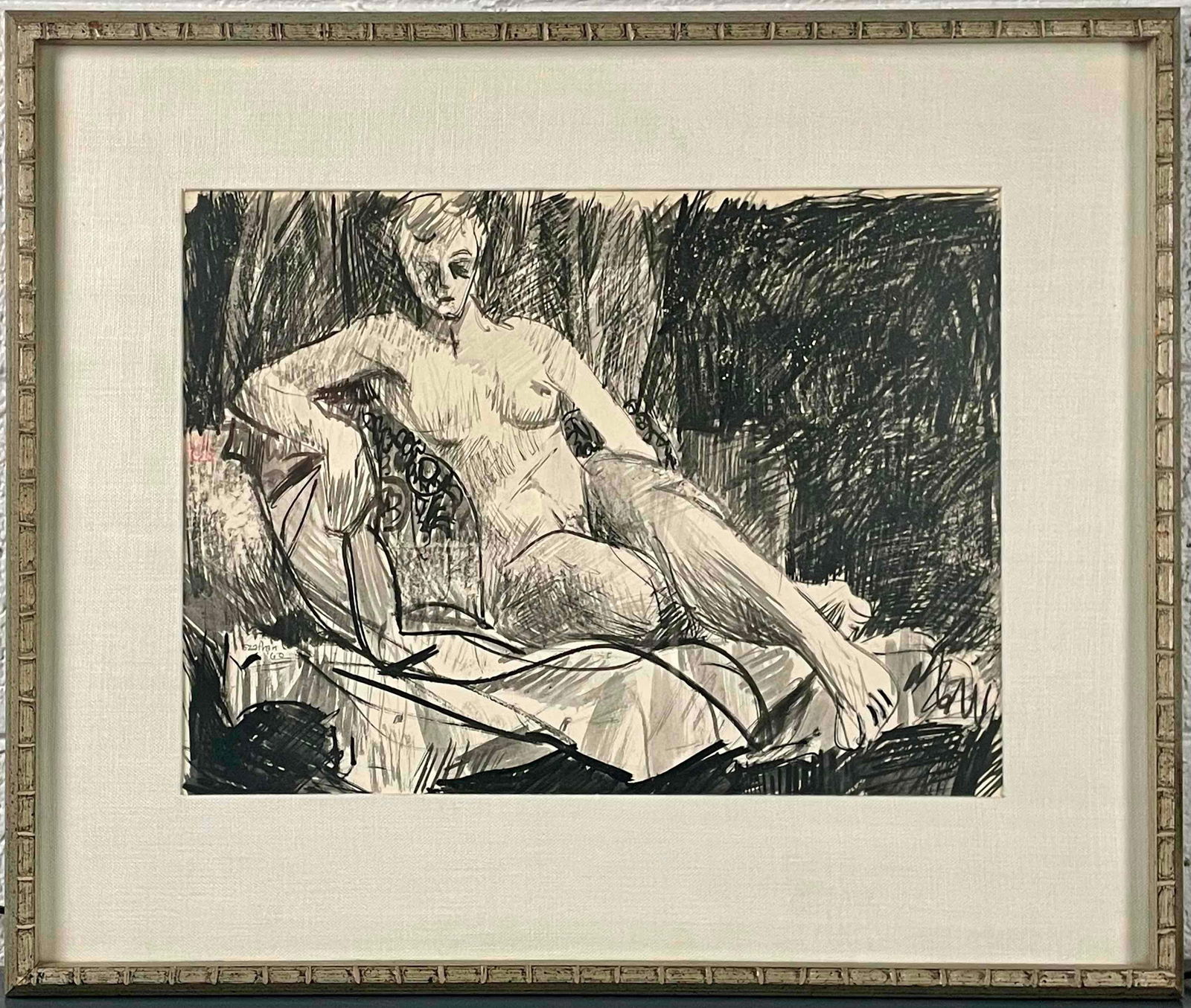 Gene Szafran "Reclining Nude" Oil Crayon (American, 1941-2011): Oil crayon illustration entitled "Reclining Nude" by American artist Gene Szafran (1941-2011). Artist signature is present in lower left region. Encased in a wood frame. Label present on back of frame