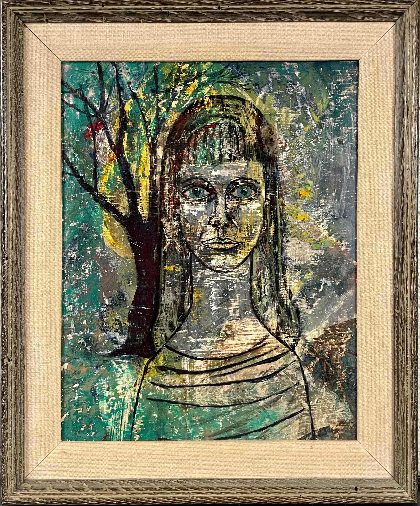Acrylic Portrait Painting on Masonite (ca. Mid Century): Acrylic painting on masonite depicting a portrait of a young woman in nature. Colors include blues, greens, yellows, red, and black. Painting is encased in a wood frame. Painting is in good condition.