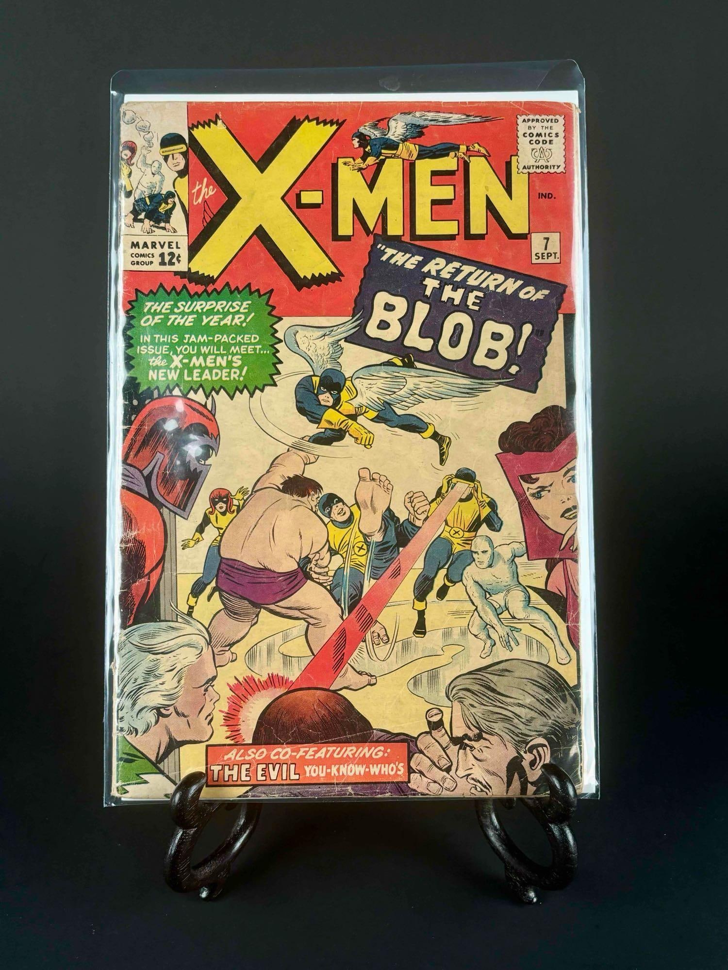 The X-Men #7: "The Return of the Blob" (Marvel Comics): The X-Men #7, "The Return of the Blob." September 1964. Bagged and boarded. Please see images for details regarding condition. Dimensions: 7" x 10.5" Please note all lots show signs of wear commensura