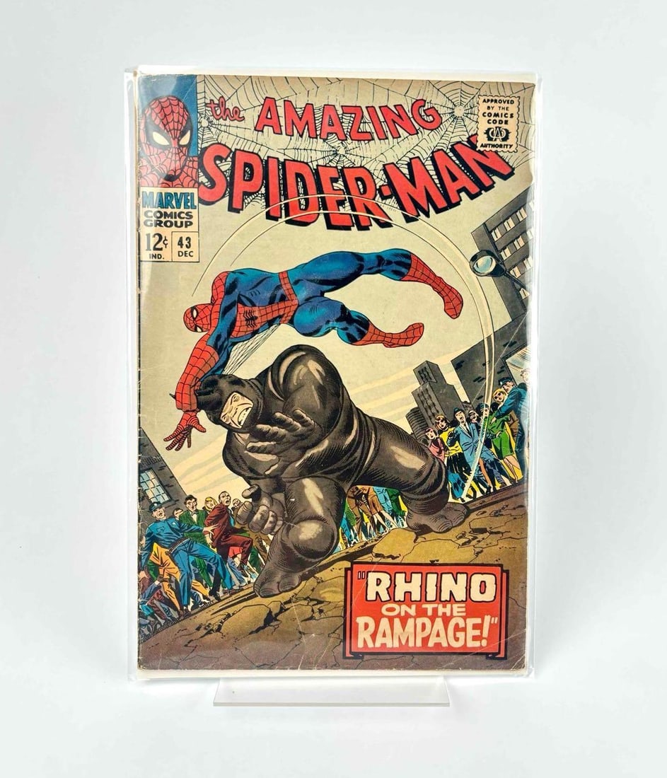 The Amazing Spiderman #43 (Marvel Comics): The Amazing Spiderman #43 "Rhino on the Rampage!" Silver Age. Second appearance of Mary Jane Watson. Peter and Mary Jane's first date. Third appearance and origin of Rhino. Bagged and boarded. Please 