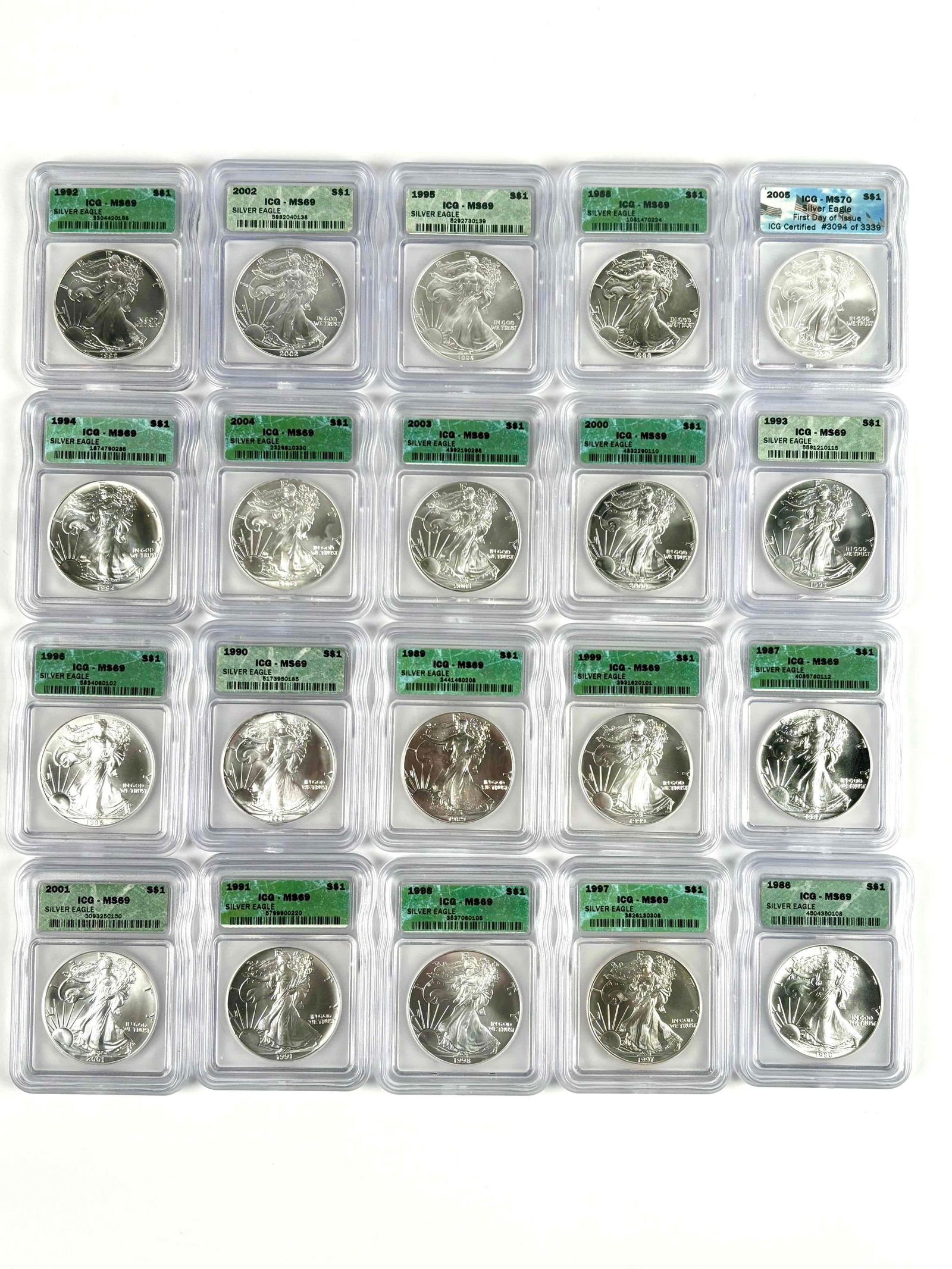 20 Silver Eagles ICG-MS69 (Numismatic Guaranty Corporation 1986-2005) (1 of 12)