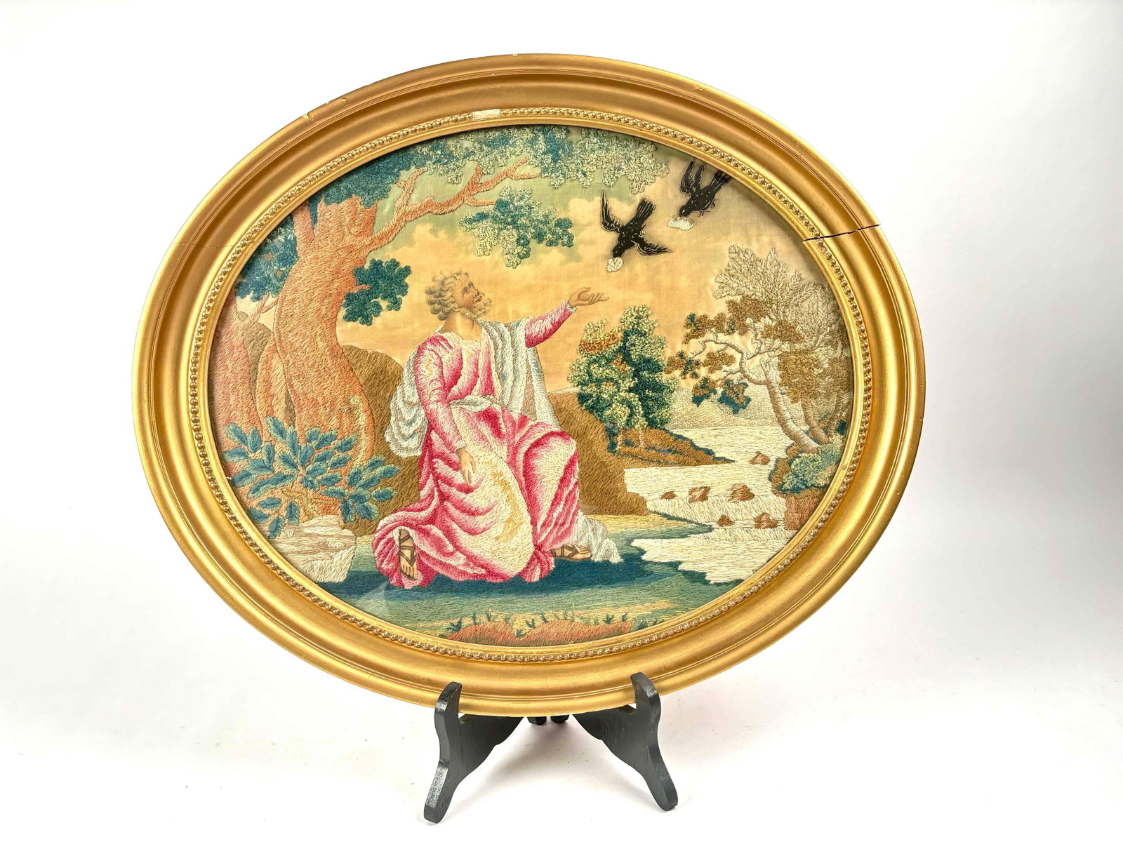 Vintage Framed Emboidery: Vintage embroidered artwork. Piece depicts a religious scene. Embroidery is in excellent condition. Frame is cracked and chipped as pictured. Please see photos for additional details. Dimensions: 20" 