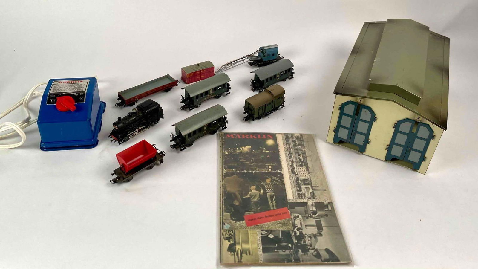 Marklin Transformer, Locomotive, Cars, and Engine Shed; Hornby Container (1 of 12)
