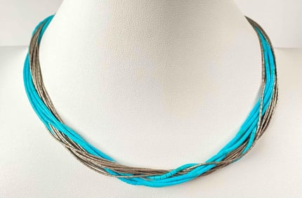 Native American Turquoise and Sterling Silver Fourteen Strand Beaded Necklace