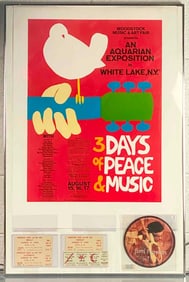 Framed ArtRock Woodstock Poster, Uncut Tickets, and Jimi Hendrix Seven Inch Vinyl Record