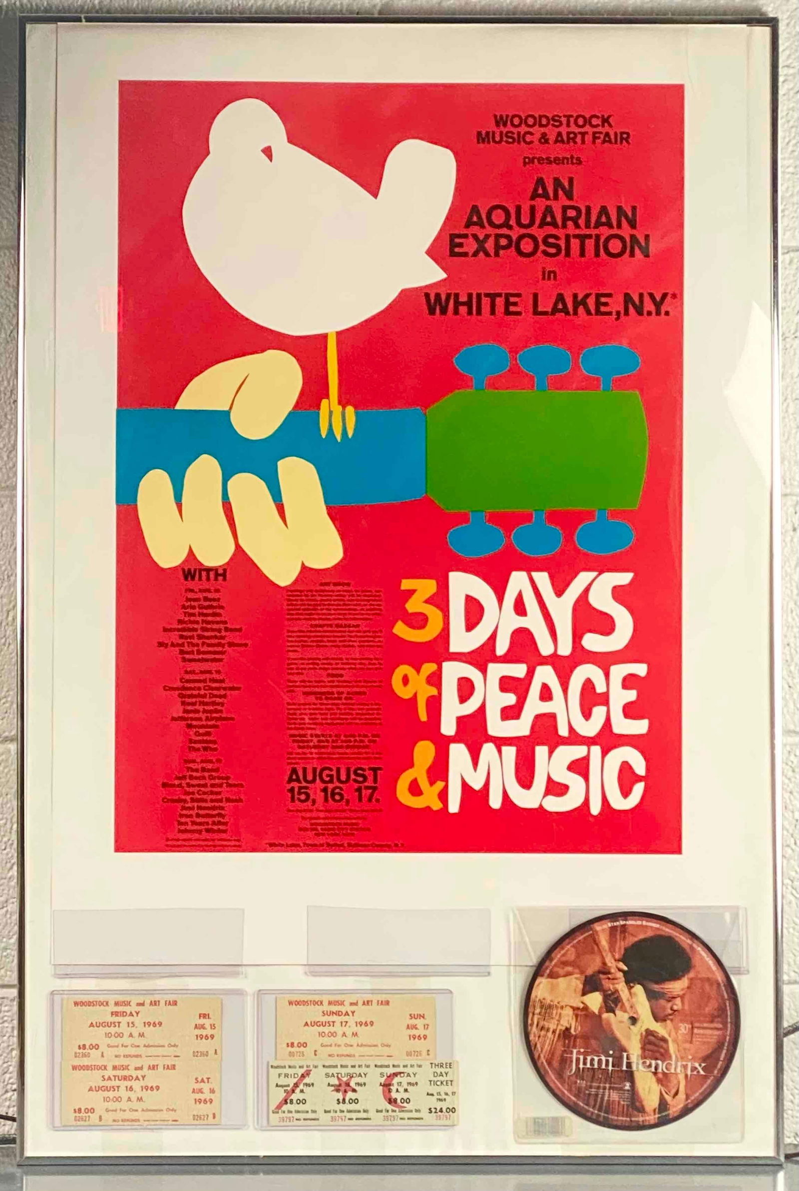 Framed ArtRock Woodstock Poster, Uncut Tickets, and Jimi Hendrix Seven Inch Vinyl Record (1 of 12)